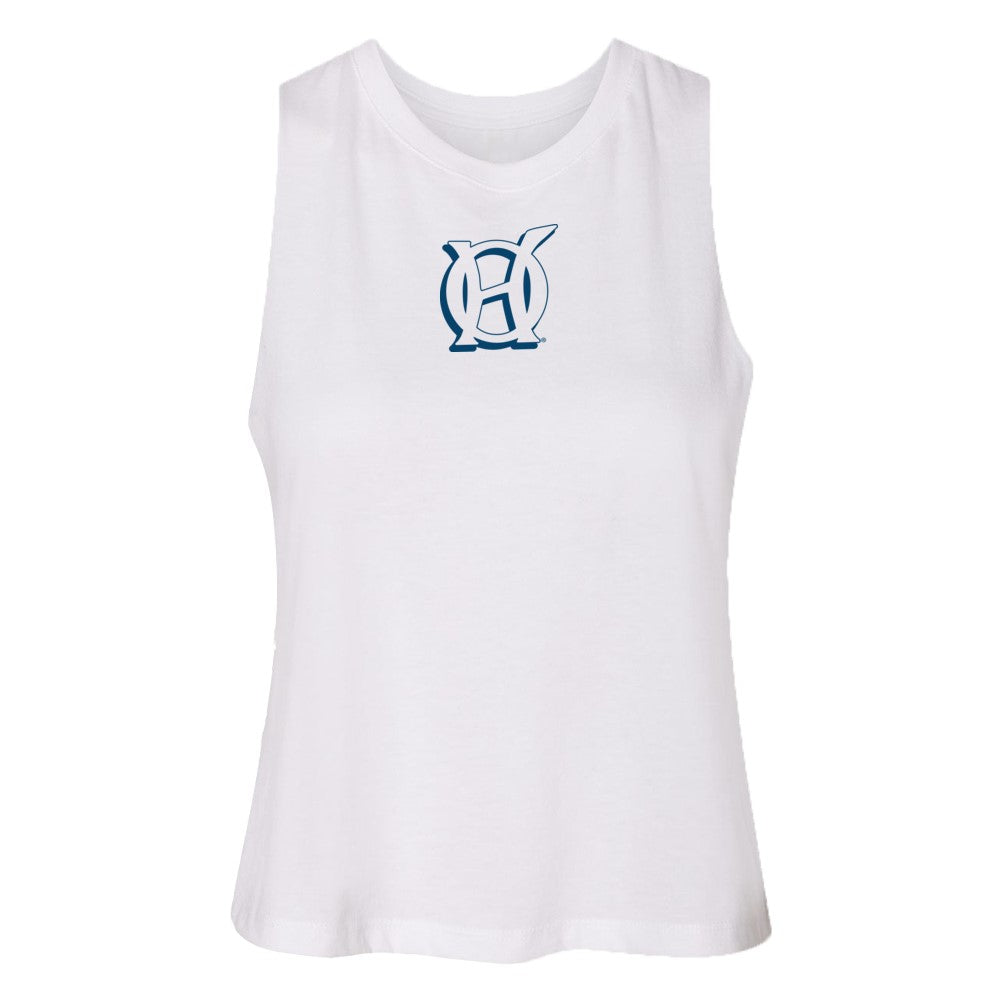 Original Hippie - Women's Crop Racerback Tank Top - White - Transparent Navy Blue Logo