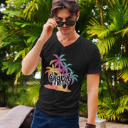 Original Hippie - Multi Color Palm Tree Name Sueded V-Neck Short Sleeve T-Shirt -Black - Man