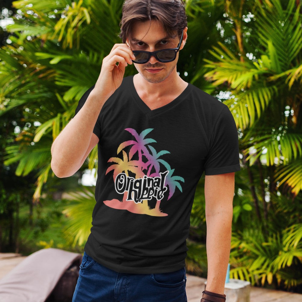 Original Hippie - Multi Color Palm Tree Name Sueded V-Neck Short Sleeve T-Shirt -Black - Man