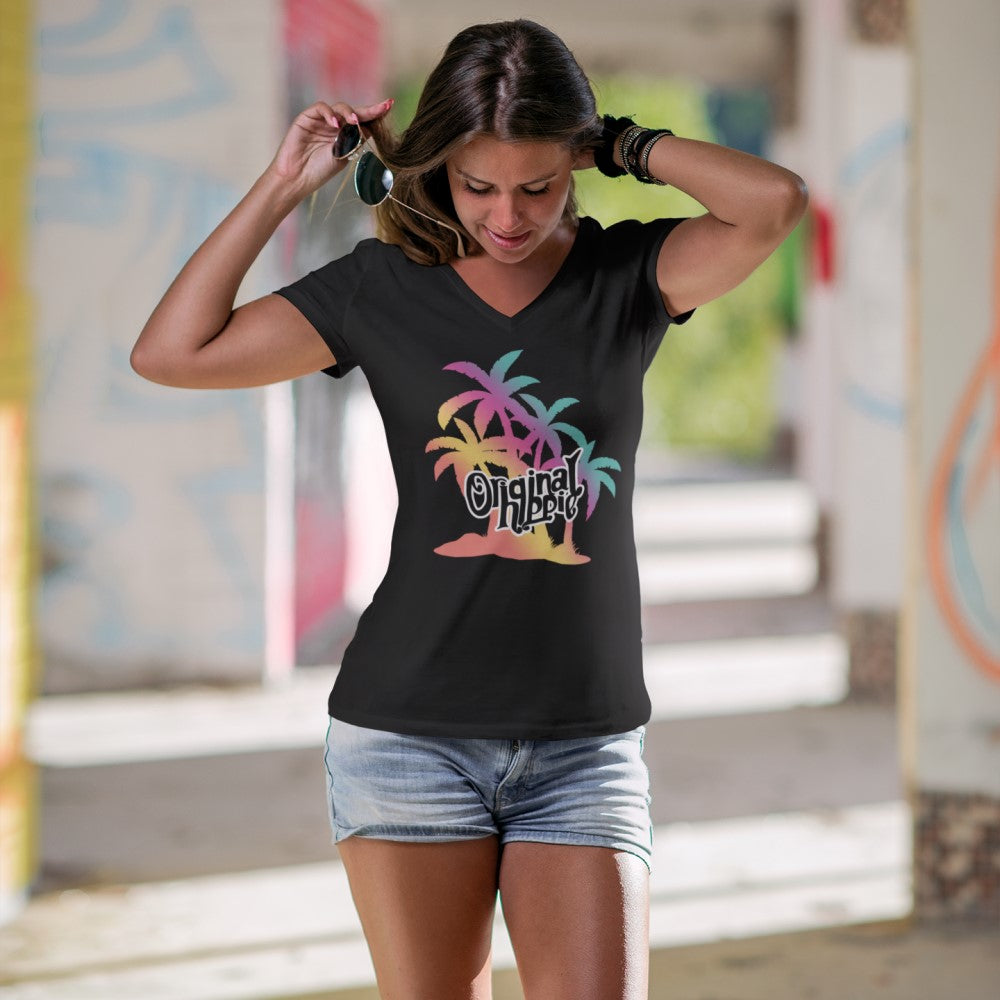 Original Hippie - Multi Color Palm Tree Name Sueded V-Neck Short Sleeve T-Shirt -Black - Woman
