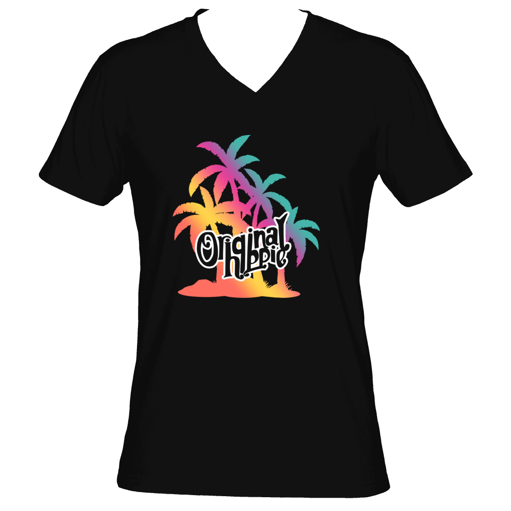 Original Hippie - Multi Color Palm Tree Name Sueded V-Neck Short Sleeve T-Shirt -Black