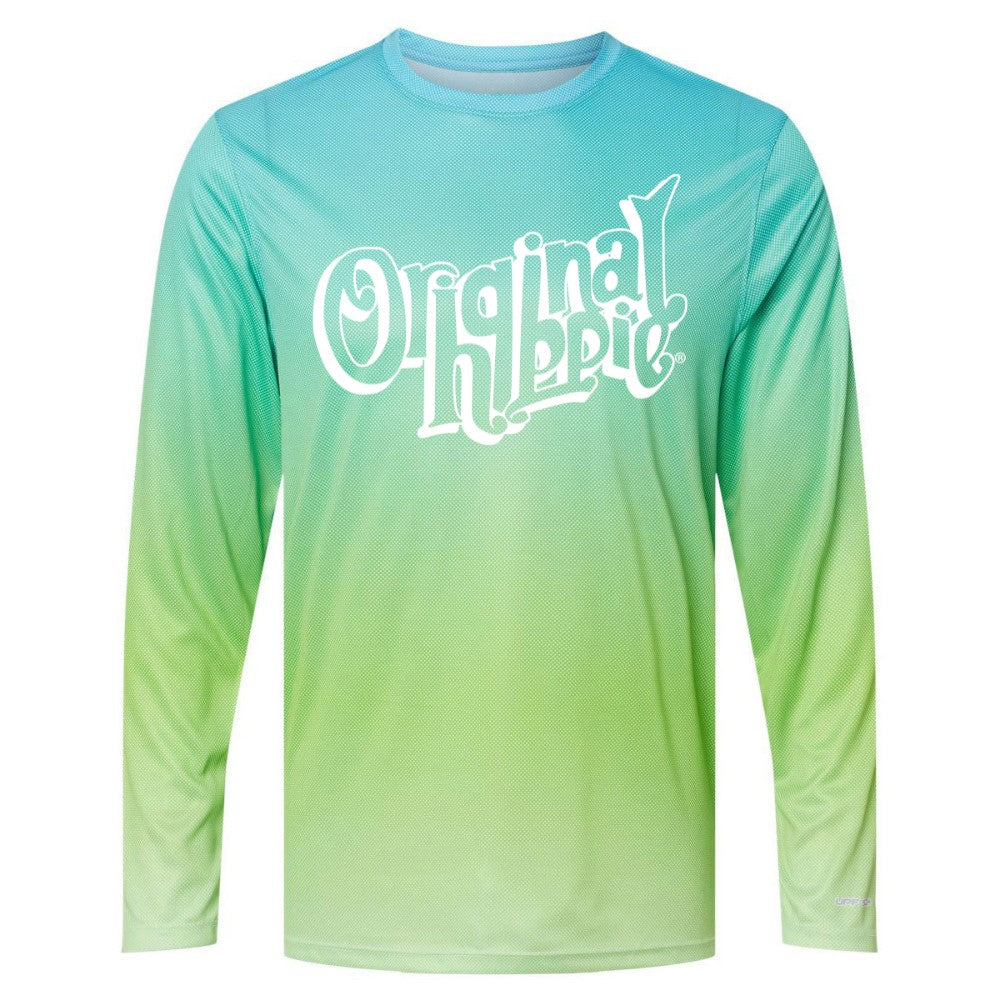 Original Hippie - Transparent Name UPF Long Sleeve Unisex - Aqua Blue - Lime Green