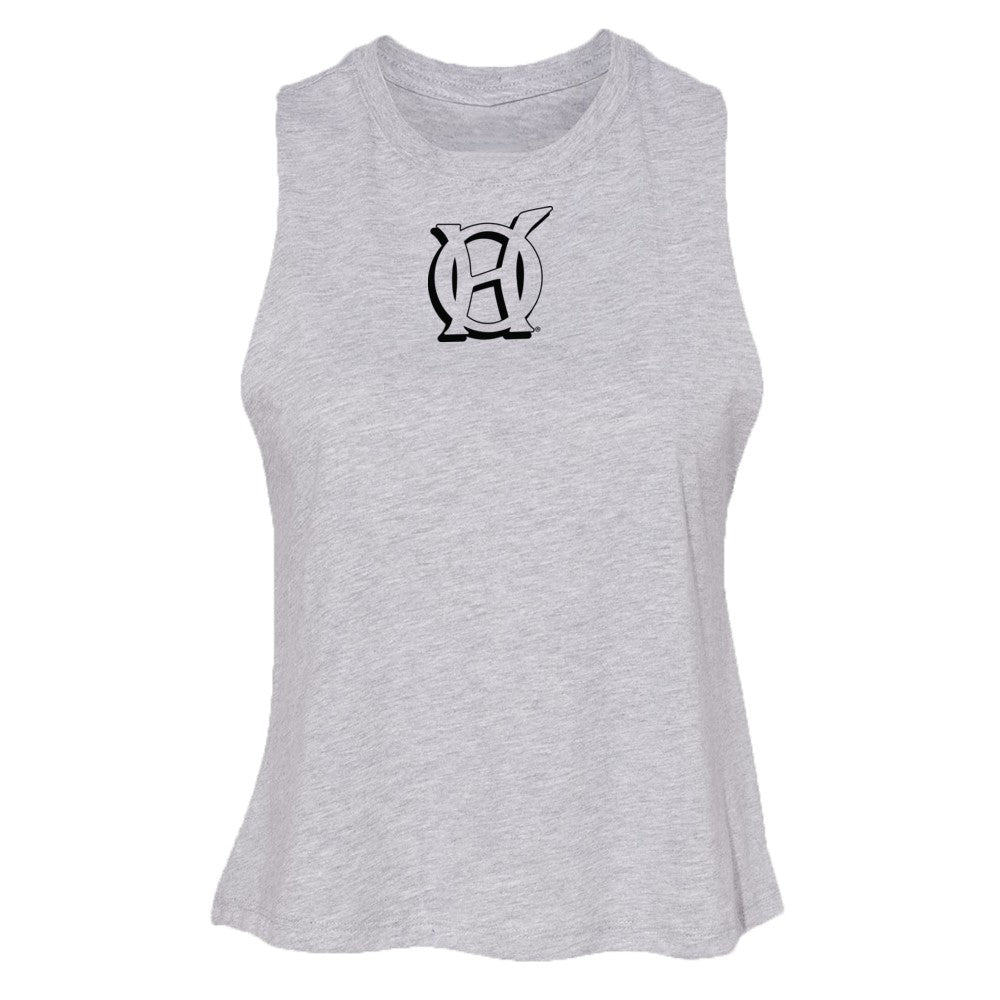 Original Hippie - Women's Crop Racerback Tank Top - Athletic Heather Grey - Transparent Black Logo