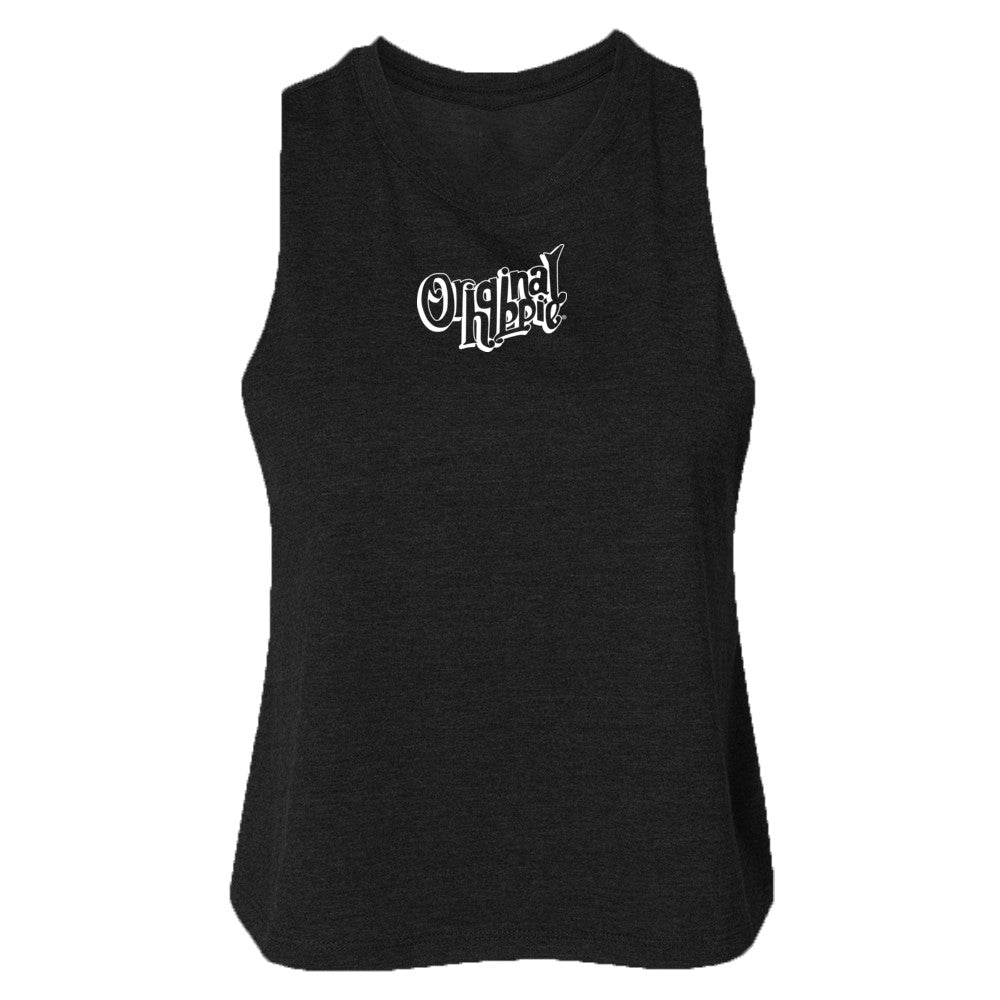 Original Hippie - Women's Crop Racerback Tank Top - Black - Transparent White Name