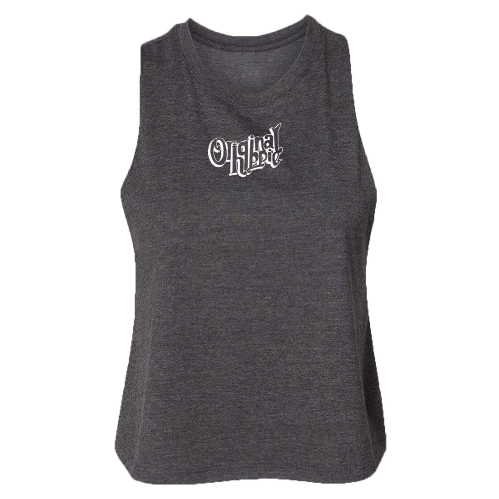 Original Hippie - Women's Crop Racerback Tank Top - Dark Grey Heather - Transparent White Name