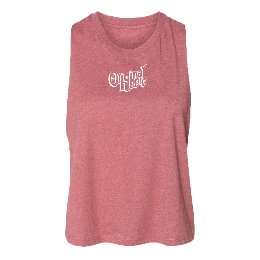 Original Hippie - Women's Crop Racerback Tank Top - Heather Mauve - Transparent White Name