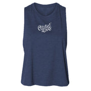 Original Hippie - Women's Crop Racerback Tank Top - Heather Navy Blue - Transparent White Name