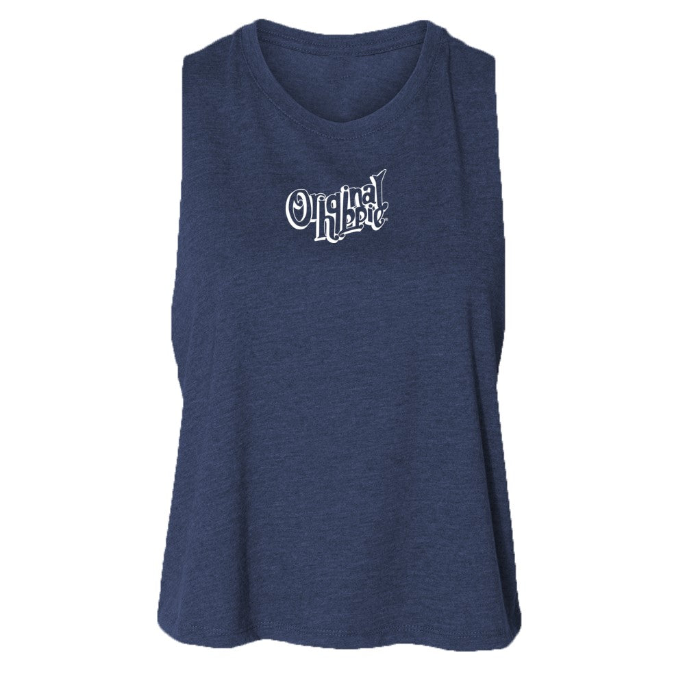 Original Hippie - Women's Crop Racerback Tank Top - Heather Navy Blue - Transparent White Name