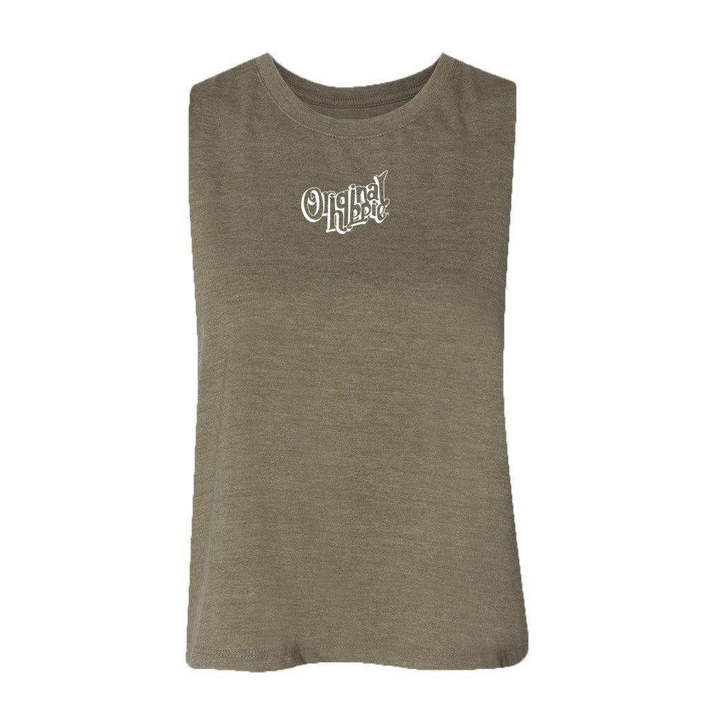 Original Hippie - Women's Crop Racerback Tank Top - Heather Olive - Transparent White Name