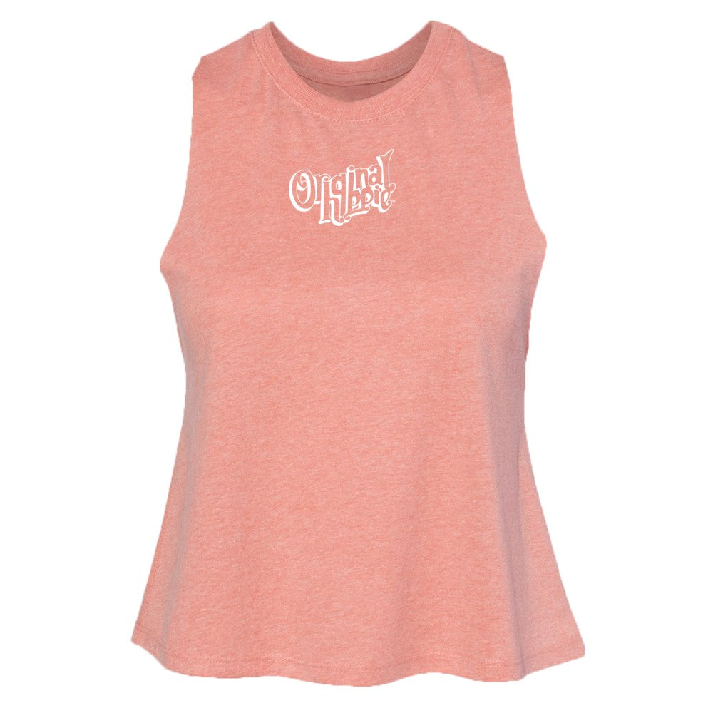 Original Hippie - Women's Crop Racerback Tank Top - Heather Sunset - Transparent White Logo