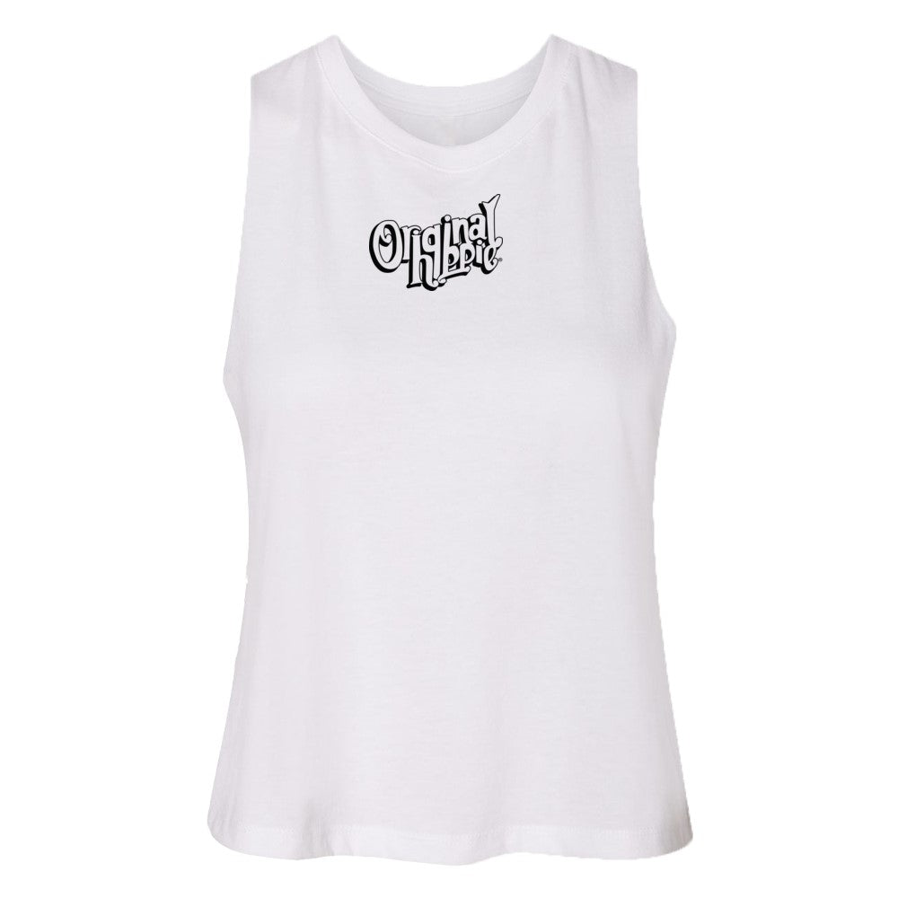 Original Hippie - Women's Crop Racerback Tank Top - White - Transparent Black Name