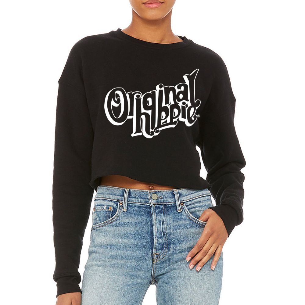 Original Hippie - Women's White Name Cropped Fleece Sweatshirt - Black