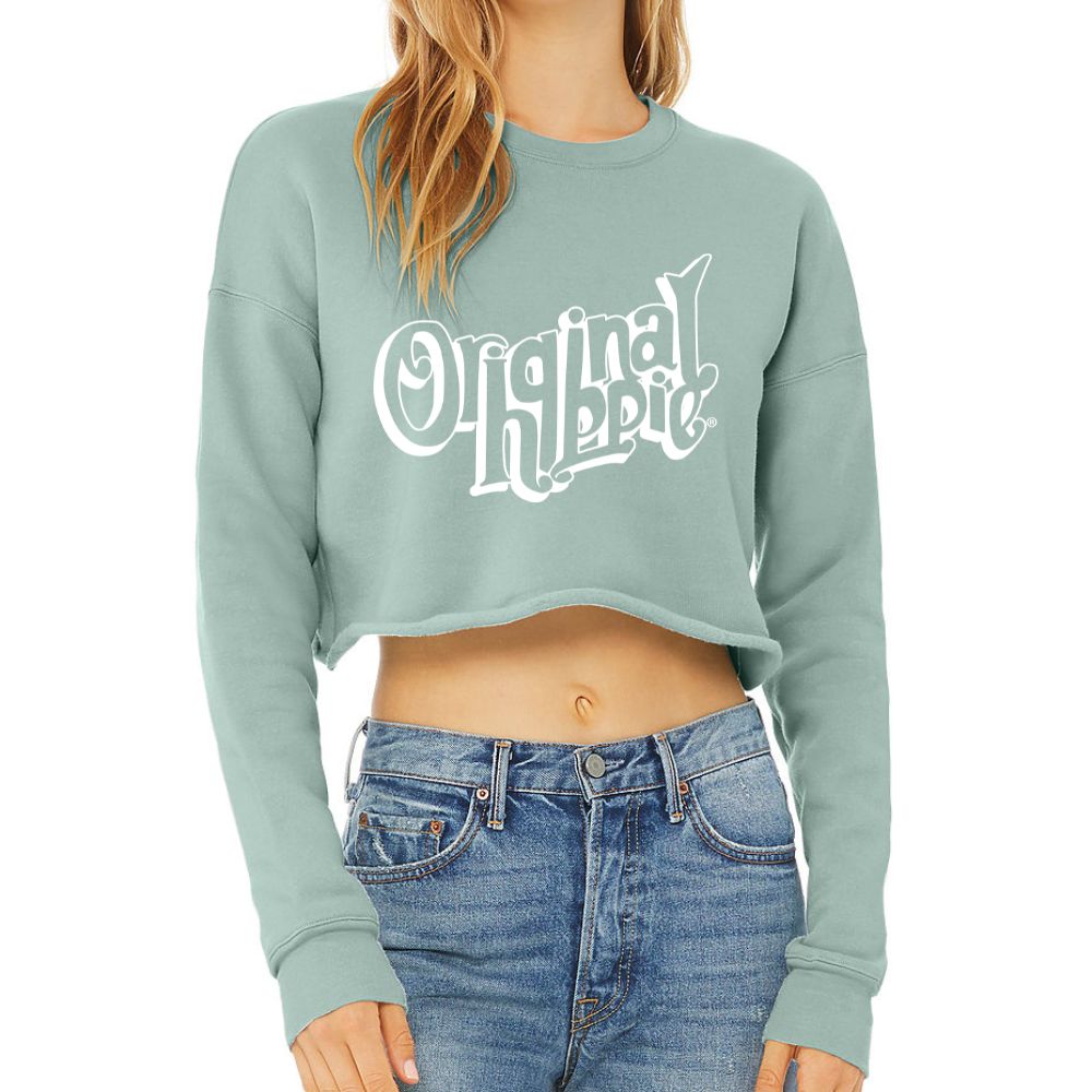 Original Hippie - Women's White Name Cropped Fleece Sweatshirt - Dusty Blue