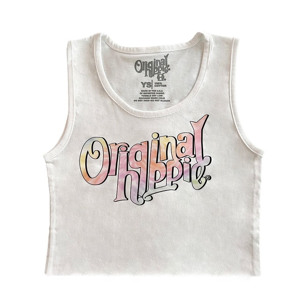 Original Hippie - Youth Girls Crop Tank Top Tie Dye Name - White