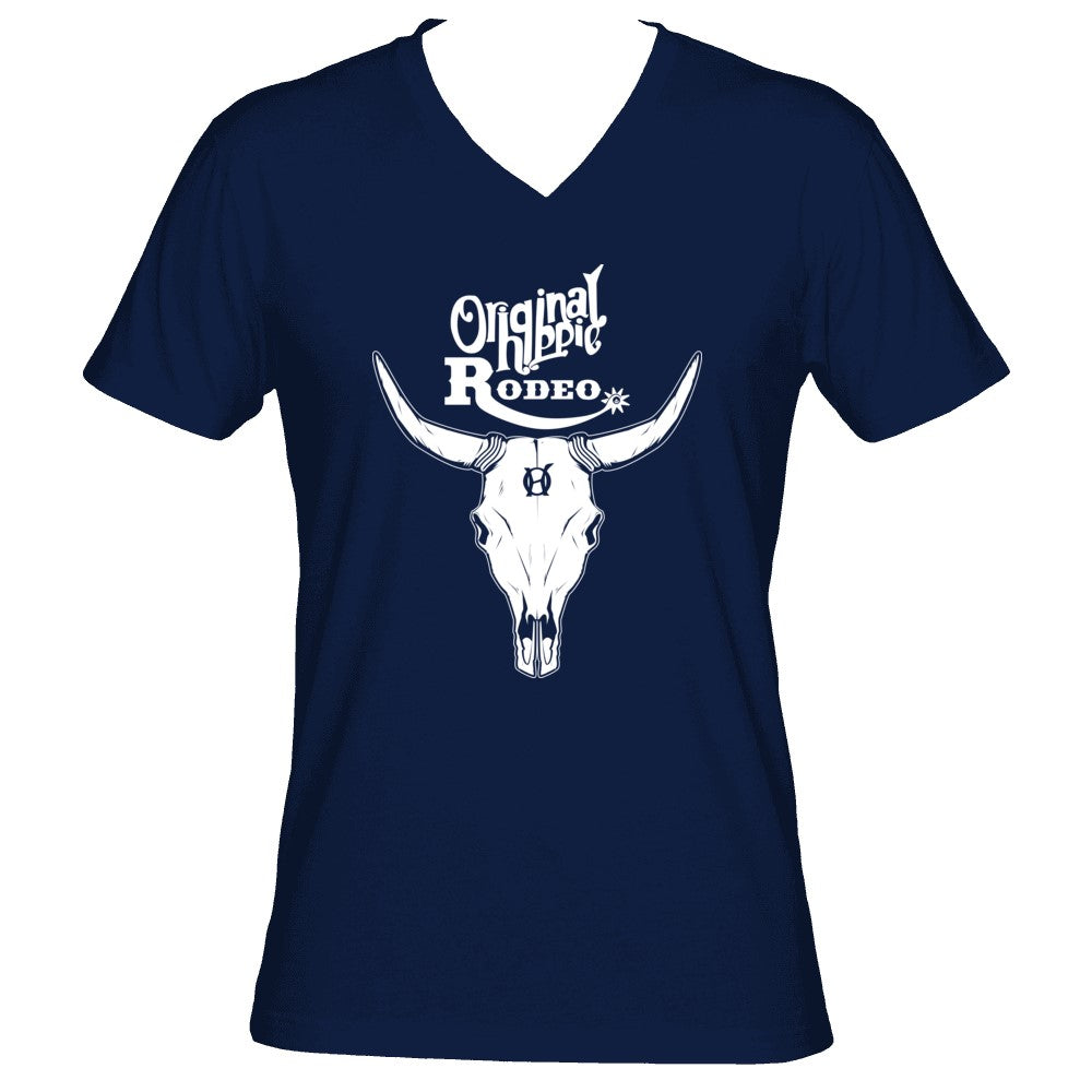 Original Hippie Unisex V-Neck Bull Skull Navy Blue T-Shirt