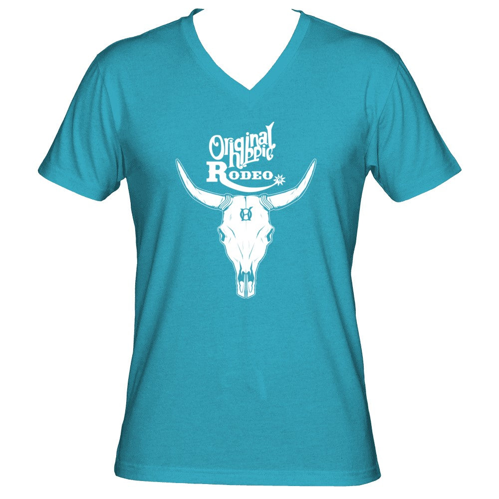 Original Hippie Unisex V-Neck Bull Skull Turquoise T-Shirt
