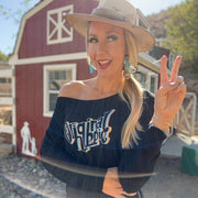 Original Hippie - Vintage Women's Flowy Long Sleeve Off Shoulder Tee - Black