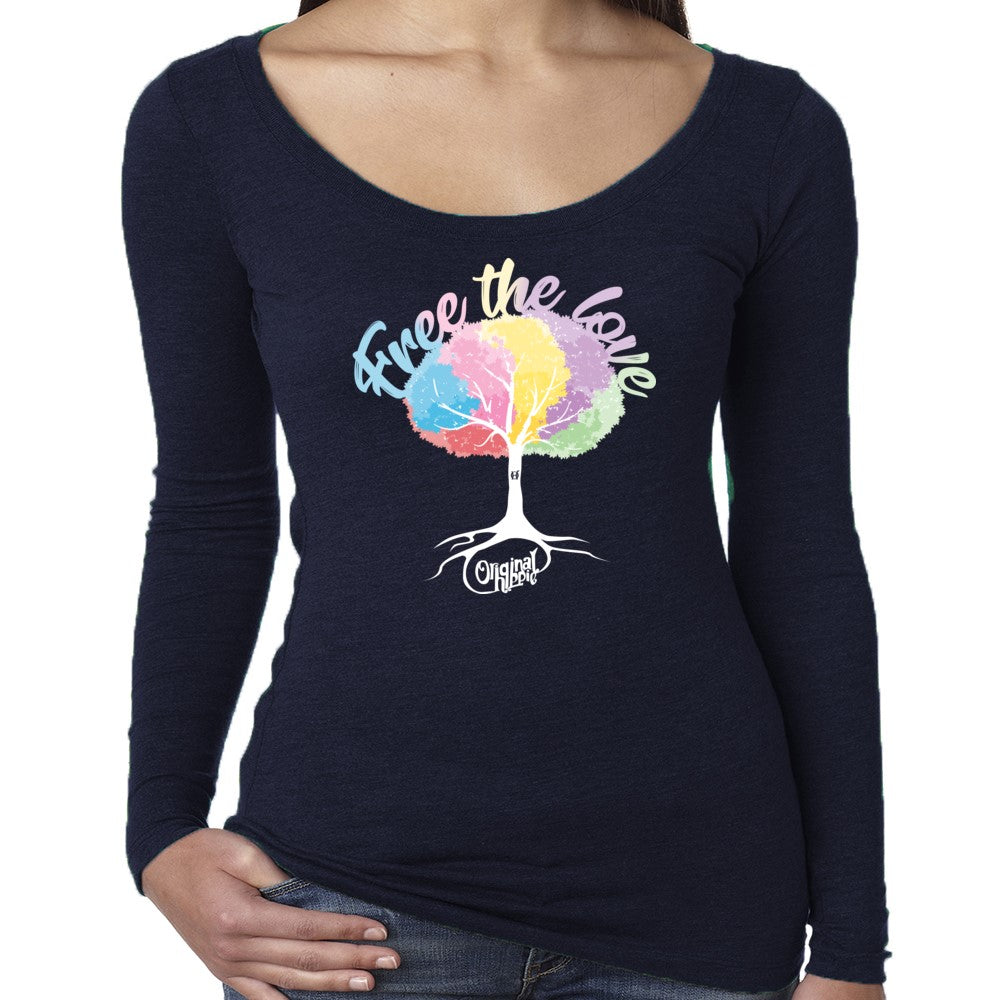 Original Hippie™ Women's Scoop Neck Long Sleeve - Free The Love - Navy Blue